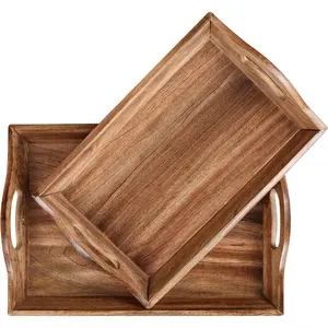 Mango wood tray 2-piece set with burnt for tea and coffee food and fixed kitchen utensils