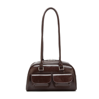 Sac à bandoulière en PU métallisé style coréen pour femme, sac à main rétro Boston avec poches avant, grande capacité, fermeture éclair, sac sous le bras