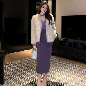 Purple Polka Dot Faux Two Piece Dress Women Autumn Long Sleeve Fitted Waist V Neck Bodycon <b>Skirt</b> Banquet Party Daily Wear - Product Image 2