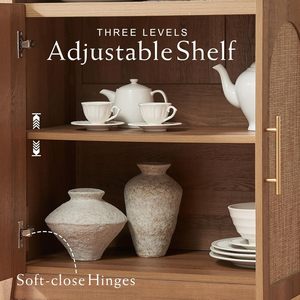 Armadio ad arco in legno libreria-alta vetrinetta della metà del secolo, libreria arrotondata con porte in Rattan, ripiano aperto - Product Image 4