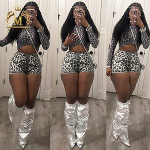 Nuovo abito da donna primavera autunno maglia elastica Top + Shorts con paillettes 2 pezzi abbinati leopardo due pezzi Set da donna Sexy - Product Image 1