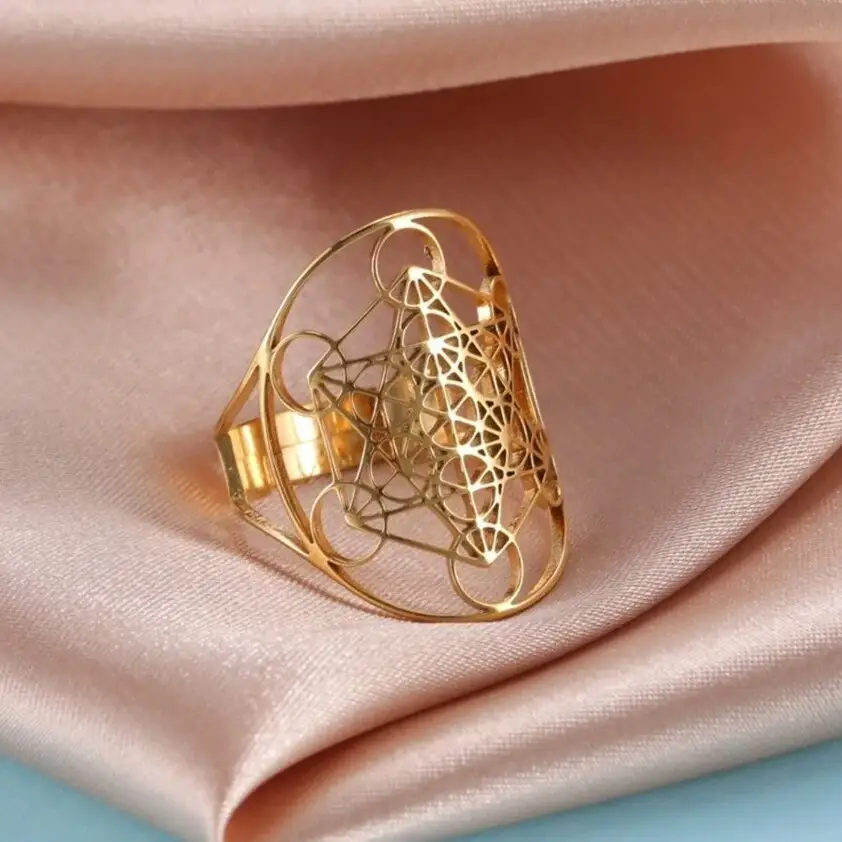 Nuevo diseño Metatron Cube Gold Thumb Rings Anillo de acero inoxidable chapado en oro de 18K Geometría sagrada Hollow Boho Energy Jewelry