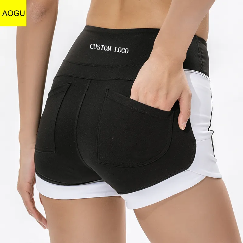 Custom LOGO Gym Fitness Yoga Shorts Quick Dry Sports Shorts Butt Lifting Women's Active Color Block Tight Shorts with Pockets