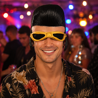 Masque intégral en latex rétro années 50 style rockeur, cheveux pompadour noirs, lunettes dorées, design œil en maille, écologique, réutilisable, pour fête et cosplay