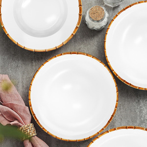 Ensemble d'assiettes de mariage en céramique de style vintage ensemble de dîner en porcelaine avec bord en bambou vaisselle écologique pour la location d'événements de restauration - Product Image 3