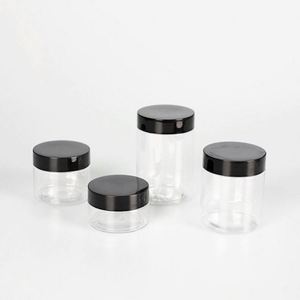 Vente en gros de pots ronds transparents en PET de qualité alimentaire de 3,5 grammes pour herbes sèches et fleurs, anti-odeur, avec couvercle noir et étiquettes personnalisables - Product Image 5