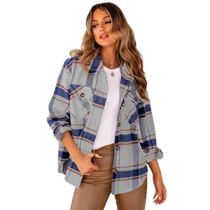 Ropa informal de manga larga para mujer, Camisa de franela con botones y bolsillos, a cuadros, para otoño e invierno, novedad