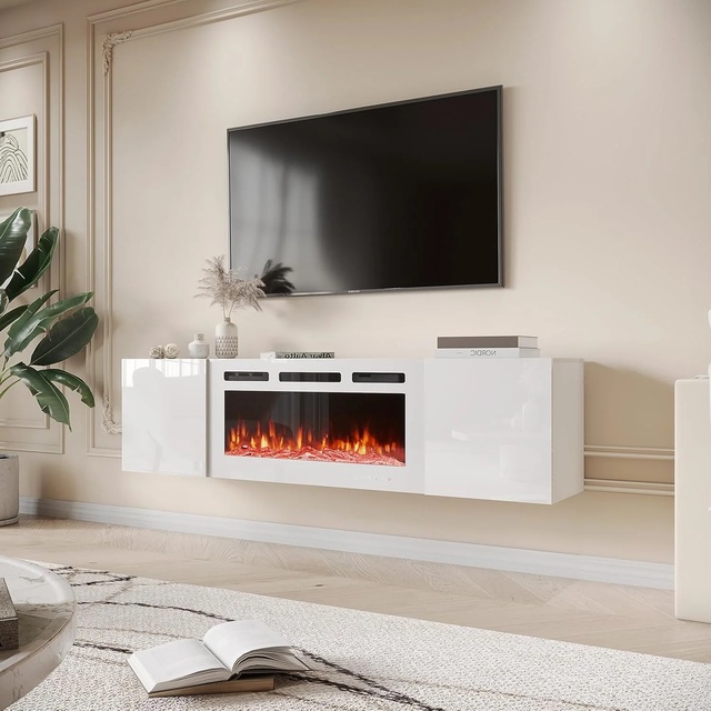 AJUNION Modern Floating TV Cabinet Built in 36 Inch Mirrored Electric Fireplace Engineered Wood TV Stand up to 80 Inch