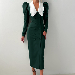 Abito da donna elegante a maniche lunghe T-1134 verde scuro, slim fit, a vita alta, formale da ufficio, primavera 2026, nuovo modello doppiopetto - Product Image 1