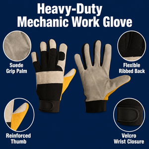 Gants de travail en daim gris avec dos en maille noire, patch jaune au pouce, poignet réglable par velcro, gants de mécanicien robustes et utilitaires - Product Image 3