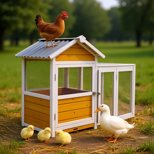 Gallinero de madera para patos y gallinas, casa para mascotas de exterior, tamaño grande, techo de acero impermeable, estilo simple con puerta y malla. - Product Image 2
