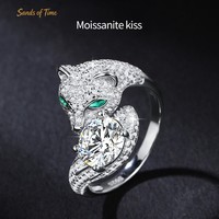Bague Tête de Léopard en Moissanite, Argent Sterling S925, Entièrement Pavée, Œil Vert, Bijou Animal Réglable pour Femme, Cadeau d'Anniversaire