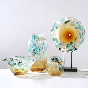 Set di Vasi <span class=keywords><strong>in</strong></span> Vetro Soffiato a Mano RYLAVA, Motivo a Spirale Turchese e Ambra, Decorazione Moderna per Casa, Centrotavola per Matrimoni - Product Image 2