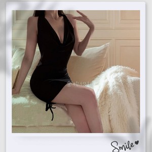 Halter Backless Bodycon <b>Dress</b> Black Satin Drawstring Club Wear - Product Image 3