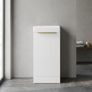 Modern Durable Customized MDF Gloss White Water Resistant Floor Standing Vanity Unit with Ceramic Basin and Brushed Brass Handle - Product Image 4