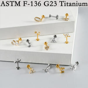 Boucles d'oreilles clous de lèvre en titane ASTM-F136 G23, style vintage, avec zircon à dos plat en forme de T et filetage interne, pour mariage et fiançailles - Product Image 2