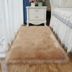 长方形白色蓬松地毯，绵羊毛皮动物皮多毛地毯粗毛地毯人造毛皮羊皮客厅地毯/