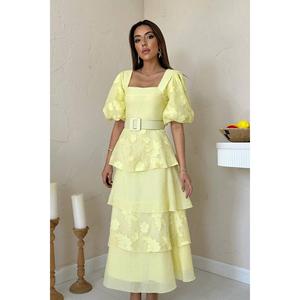 Vestido Amarillo con Mangas Abullonadas y Capas, Corte en A, Cintura Natural, Tejido Transpirable, Vestido Casual Diario - Product Image 3