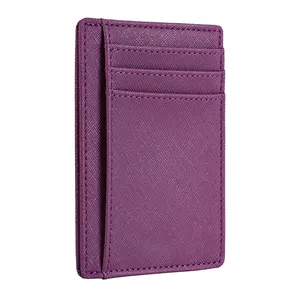 Custom Logo Rfid Blocking Purple Color Slim Front Pocket Card Holder Leather