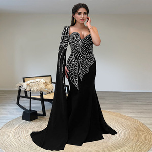 C7288 Abiti da Sera di Lusso a Maniche Lunghe con Perline e Strass, <span class=keywords><strong>Vestito</strong></span> da Sera <span class=keywords><strong>Nero</strong></span> a Sirena, <span class=keywords><strong>Elegante</strong></span> Abito Lungo da Cerimonia per Donne - Product Image 3