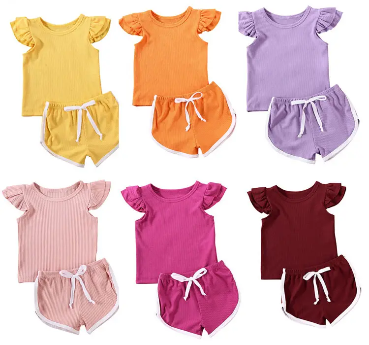 2-6T Baby Girl Linen Cotton Ruffled T-shirtとShorts Pants Outfit Summer Clothing Set