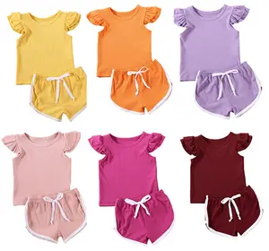 2-6T Baby Girl Linen Cotton Ruffled T-shirtとShorts Pants Outfit Summer Clothing Set