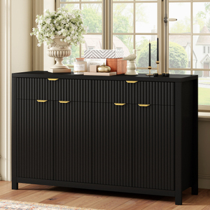 Wood Sideboard Buffet <b>Cabinet</b> with 2 Drawers & 4 Doors Adjustable Shelves Wave-Pattern Design for Living Room Hotel - Product Image 2