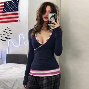 Nouveau haut moulant à manches longues, col en U, coupe basse, rayé, patchwork colorblock, style American Hot Girl, qui flattere et resserre la taille - Product Image 4