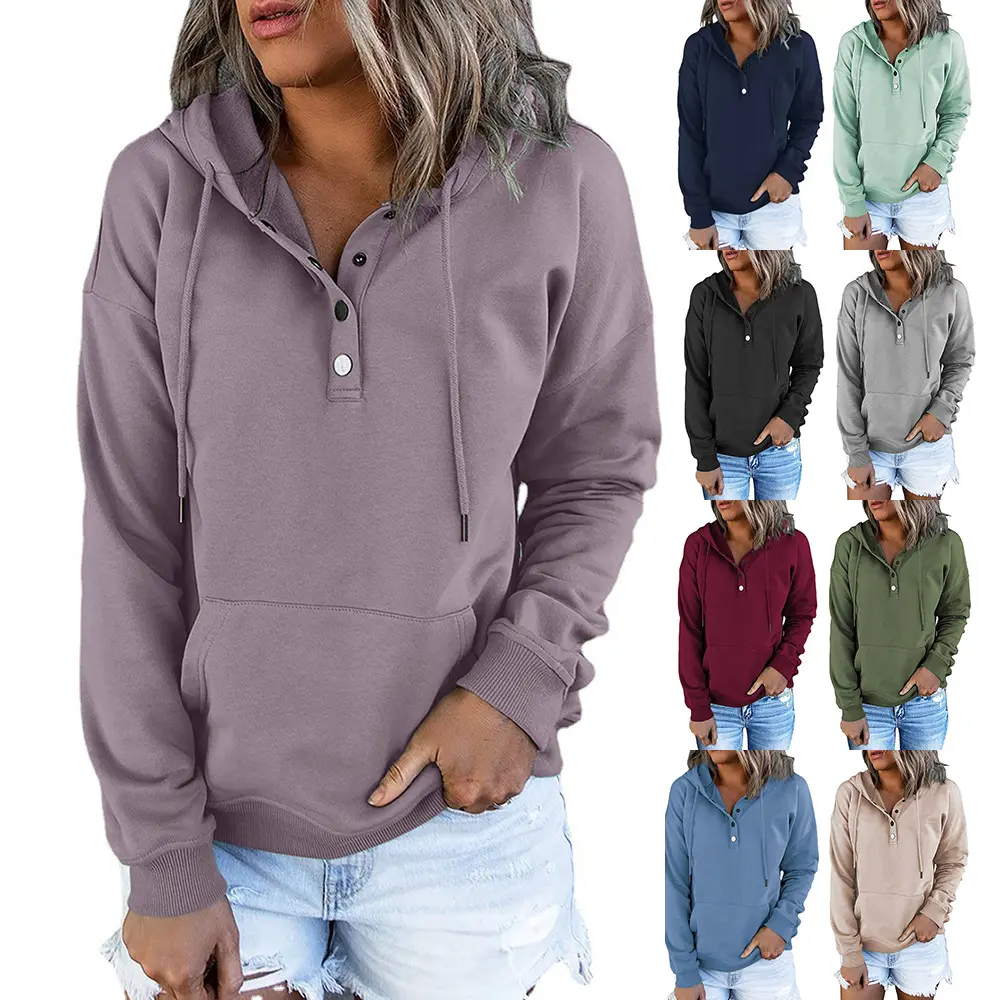 Womens 2023 Hooded Button Collar Drawstring Hoodies Pullover Sweatshirts Casual Long Sleeve Tops