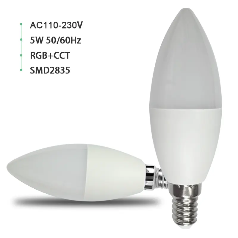 Smart Wifi Dimmable RGBCW Led Light Bulb C37 5w Dimmable Smart Led Candle Bulb