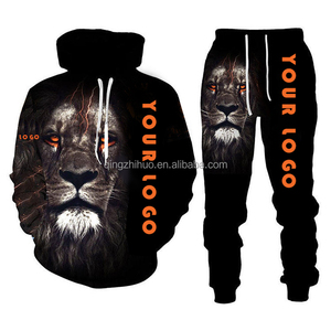 OEM ODM Anime abbigliamento 3D stampato <span class=keywords><strong>leone</strong></span> <span class=keywords><strong>con</strong></span> <span class=keywords><strong>cappuccio</strong></span> personalizzato fatto sublimazione tuta tuta tuta 3d stampa due pezzi Set di pantaloni per gli uomini - Product Image 3