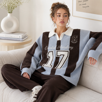 Pull en tricot intarsia à col pour femme, coupe oversize, style preppy à rayures, avec motif graphique de numéro universitaire, pour boutique, collection automne-hiver