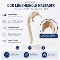 Masseur manuel premium à effet de pétrissage, avec longue poignée réglable, pour le soulagement profond des tissus du cou, des épaules et du dos