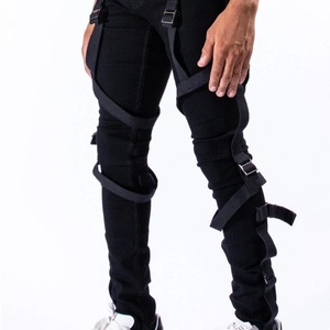 Fabricante de Jeans de Mezclilla, Nueva Moda Urbana, Jeans Ajustados Negros Elásticos con Tirantes para Hombre - Product Image 3