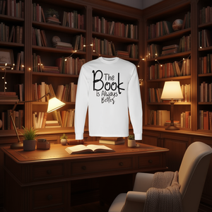 Camiseta de manga larga con estampado de libro: El libro siempre es mejor, ambiente de biblioteca, para amantes de los libros - Product Image 3