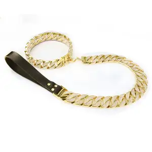 Custom luxury Cuban Link Dog Collar Chain Gold Collar Dog Chain Jewelry Iced Out Cuban Chain Necklace Dog collar and leash set