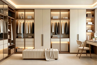 Système de dressing moderne de luxe avec éclairage LED, placage bois, armoire modulaire pour chambre de femme avec porte en verre