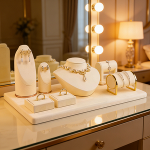 Factory Beige Microfiber Fabrics Luxury Packaging Necklace Watch Bracelet <b>Earring</b> Ring Jewelry Display Set with Tray Display - Product Image 4