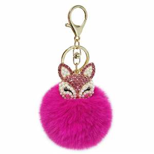 Porte-clés pendentif tête de renard en fourrure avec strass colorés et perles, accessoires pour sacs de femme - Product Image 1