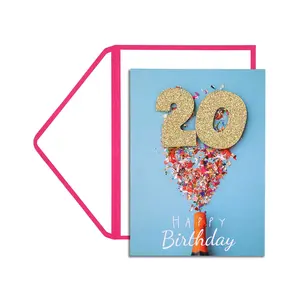 Kertas Cetak Kustom Pabrikan Glitter Buatan Tangan Biru Usia 18th 20th 30th Kartu Ucapan Selamat Ulang Tahun Ke-50 dengan Envolpes