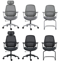 Chaise de bureau ergonomique contemporaine à dossier haut, grise, avec appui-tête réglable, accoudoirs fixes en tissu, base pivotante, inclinaison manuelle
