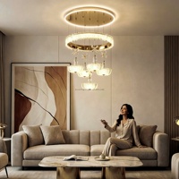 Lustre LED Moderne en Aluminium Frenchgold 98W avec Télécommande, 5 Lampes en Cristal, Plateau Lumineux 110V-265V pour Intérieur de Luxe