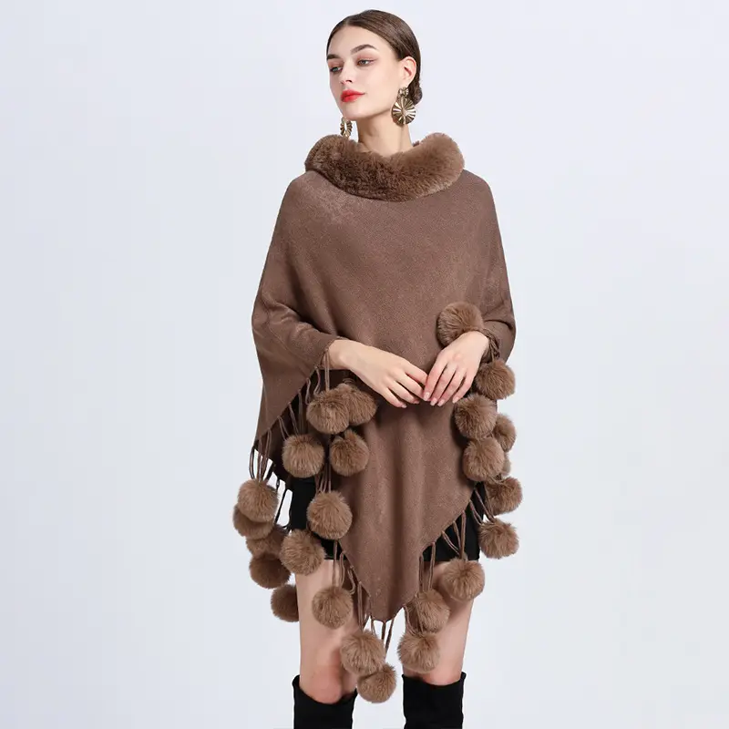 सर्दियों कोट महिलाओं के लिए महिलाओं शाल केप खरगोश फर गेंद स्वेटर बुना हुआ कोट
