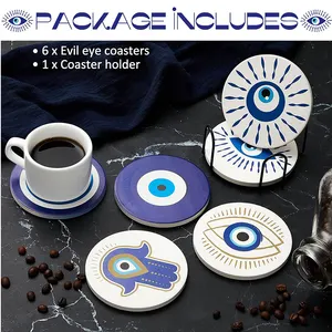 Evil Set Of 6 Ceramic Evil Eye Coasters With Coaster Holder Evil Eye Blue Coasters For Drinks Round Absorbent Cup Mat With Cork Base