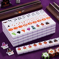 Ensemble de Mahjong Américain d'Halloween de 160 pièces, tuiles miniatures en mélamine violette avec motifs Citrouille, Chat, Sorcière, Fantôme, Chauve-souris et Maison Hantée