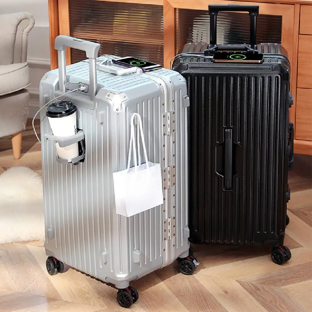 Estuche de aluminio profesional USB 28 TSA para llevar a mano con portavasos rodillo maleta multifuncional juegos de equipaje con freno