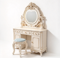 Ensemble coiffeuse classique européen avec miroir éclairé et tabouret rembourré, détails sculptés blancs, en bois, pour chambre à coucher