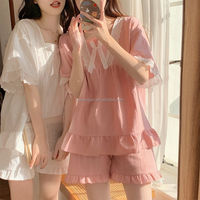Pyjama d'été en coton tricoté pour femme, manches courtes, respirant, doux, avec dentelle, mode décontractée, taille élastique