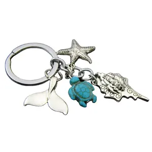 Women Natural Turquoise Silver Skeleton Keychain Fashion Silver Starfish Conch Car Key Rings