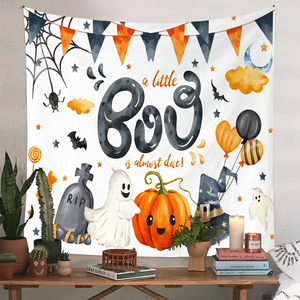 Tapisserie murale de dessin animé pour Halloween, décoration murale en polyester imprimé, rectangulaire, décoration pour la maison avec fantôme, citrouille, chapeau de sorcière - Product Image 3